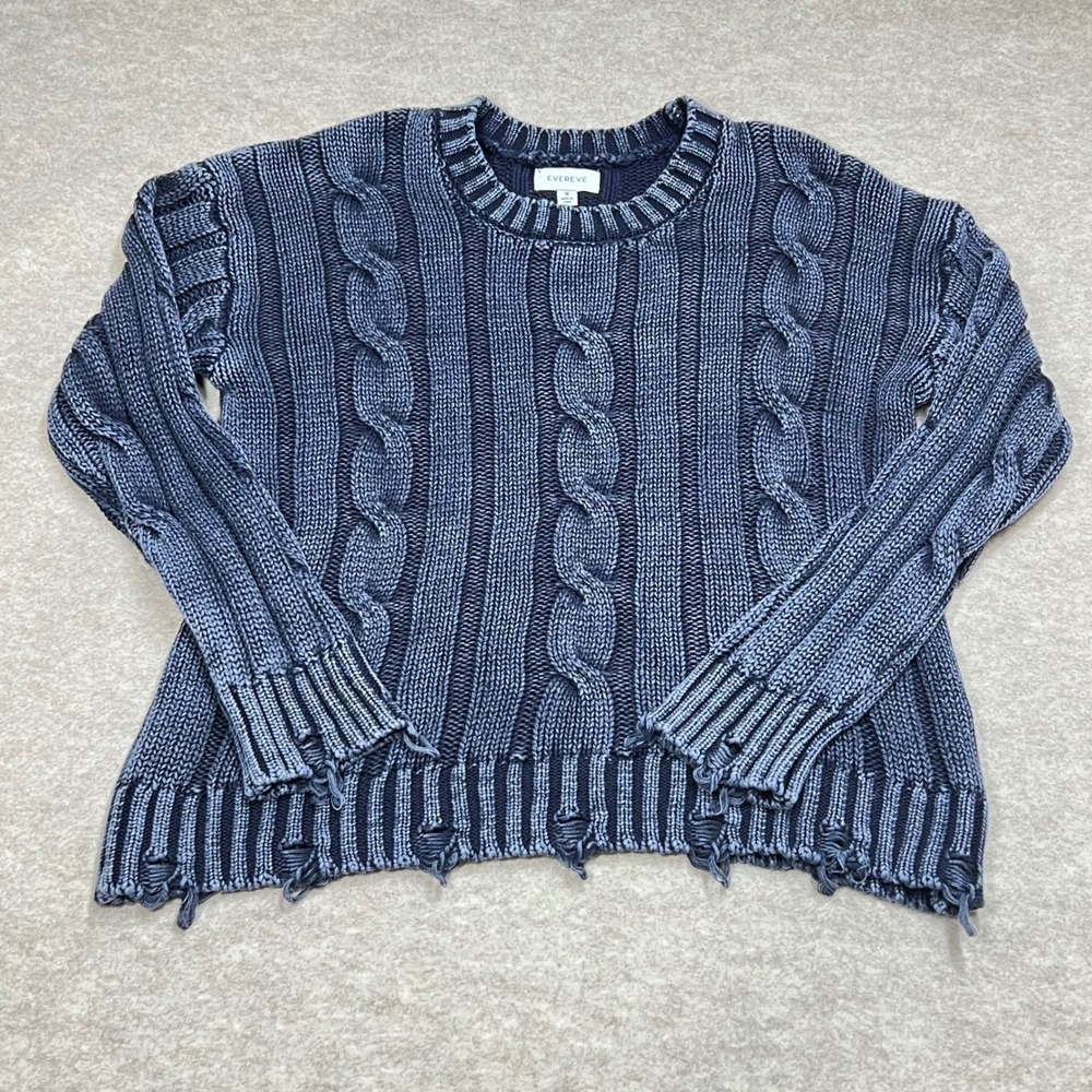 Evereve Distressed Cable Knit Cotton Sweater Navy Blue Sz‎ M EUC Fisherman